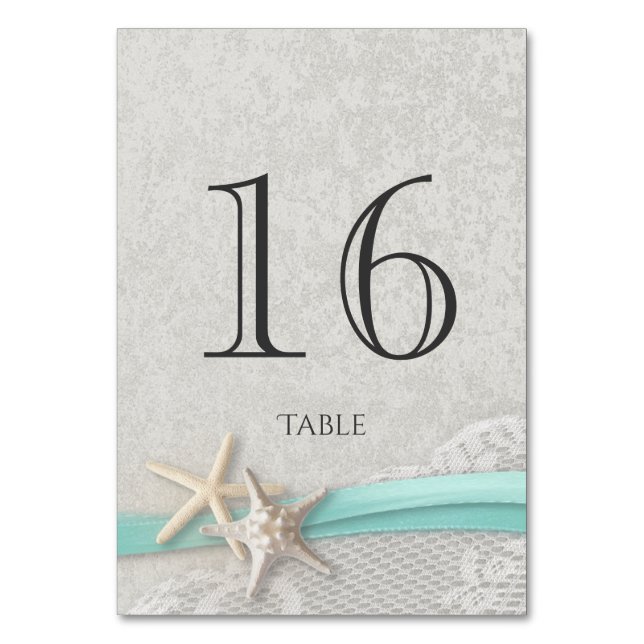Carte de numéro de table Starfish Grey et Aqua Rib (Dos)