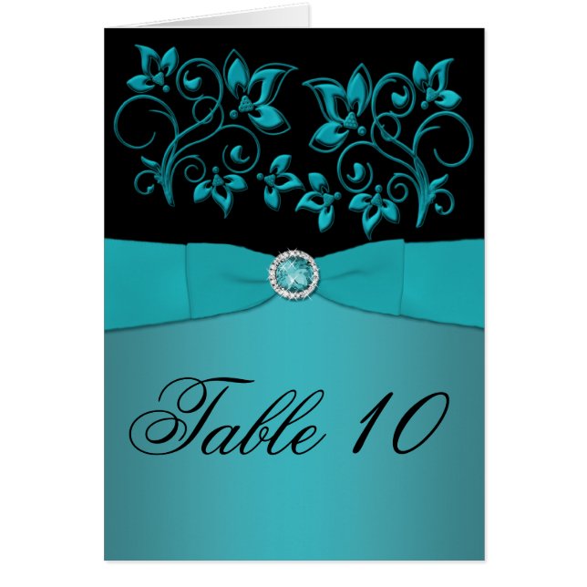Carte de numéro de tableau Floral turquoise et noi (Devant)