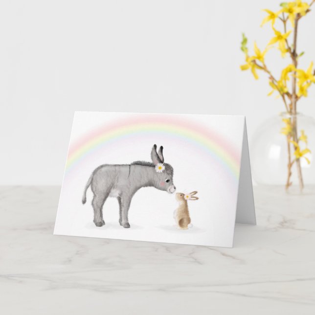 Carte de Pâques à l'âne et au lapin (Fleur jaune)