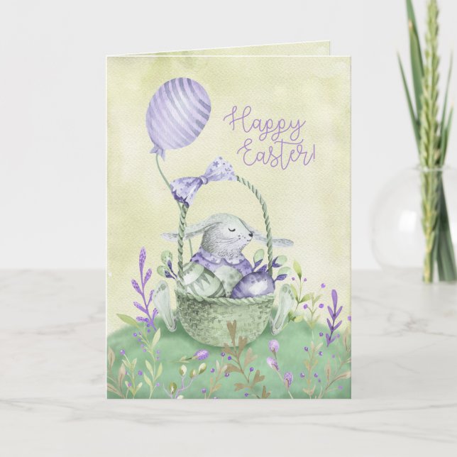 Carte de Pâques à l'aquarelle Lapin et panier d'œu (Devant)