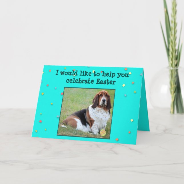 Carte de Pâques amusante avec Basset Hound, Panier (Devant)