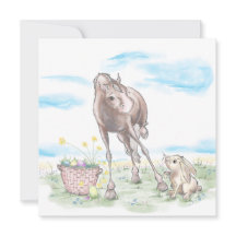 Carte de Pâques avec cheval et lapin de Pâques, an