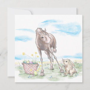 Carte de Pâques avec cheval et lapin de Pâques, an