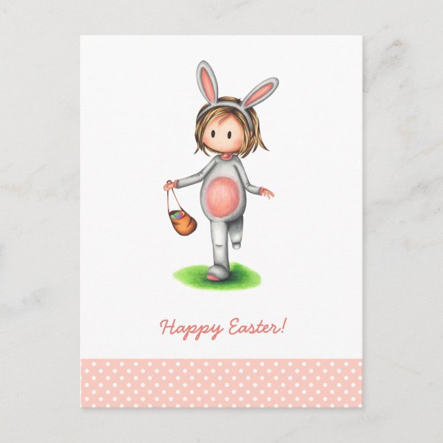 Carte de Pâques avec une fille en costume de lapin (Devant)