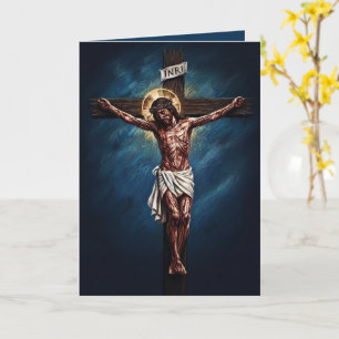 Carte de Pâques bleue Jésus crucifié béni