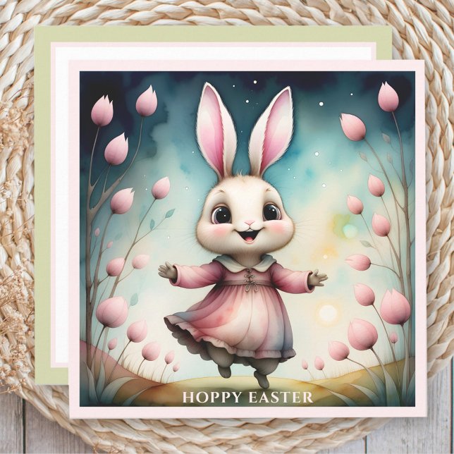 Carte de Pâques de lapin joli (Cute Happy Bunny Girl Watercolor Easter Card)