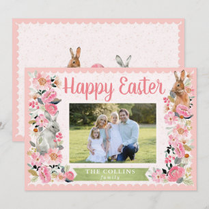 Carte de Pâques Famille avec Lapin Floral Rose