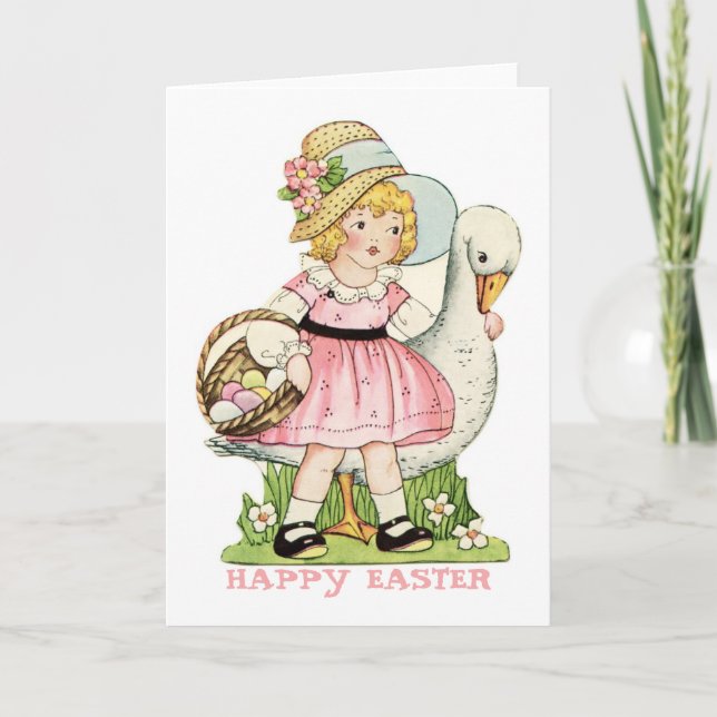 Carte de Pâques heureuse de petite fille et d'oie (Devant)