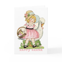 Carte de Pâques heureuse de petite fille et d'oie