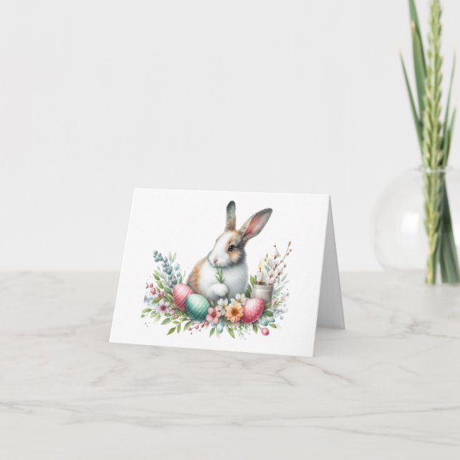Carte de Pâques joli lapin et fleurs (Devant)