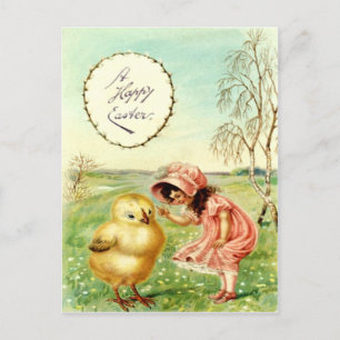 Carte de Pâques Vintage Petite Fille Avec Poussin