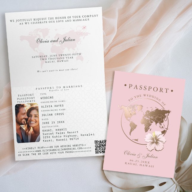 Carte de Passeport Hibiscus Mariage Tropical de De (passport wedding invitation card destination getaway tropical hawaii pink faux gold monograms folded)