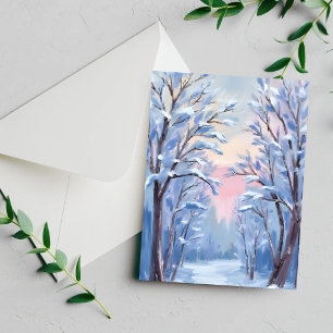 Carte de peinture à l'aquarelle de la forêt enneig