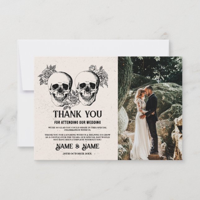 Carte de photo de mariage Halloween Crânes Merci (Devant)
