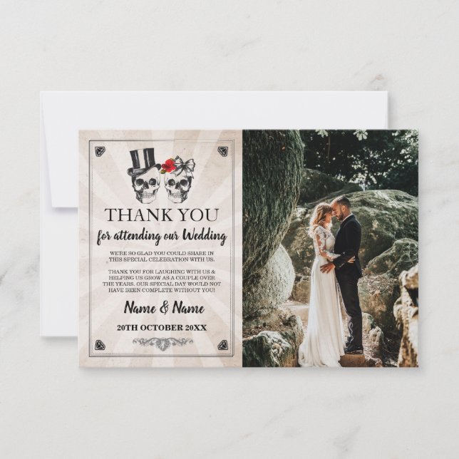 Carte de photo de mariage Halloween Crânes Merci (Devant)