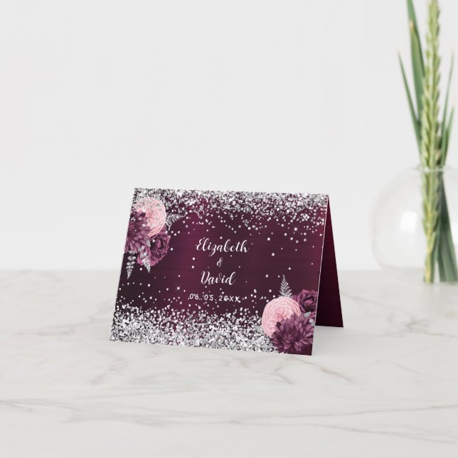 Carte de place mariage aux fleurs argentées de Bou (Devant)