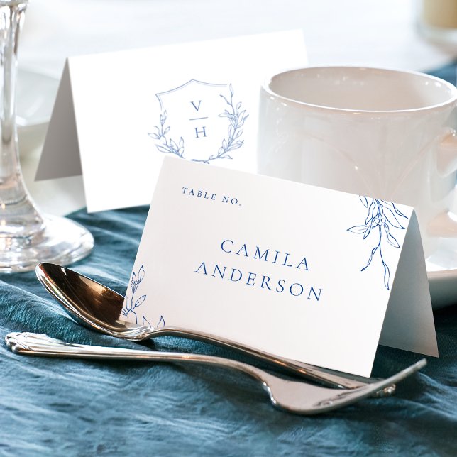 Carte de place simple en bleu, monographie de crêt (Blue simple botanical crest monogram place card)