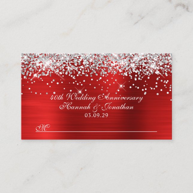 Carte De Placement 40e anniversaire de mariage Argent Rouge Pailleté (Devant)