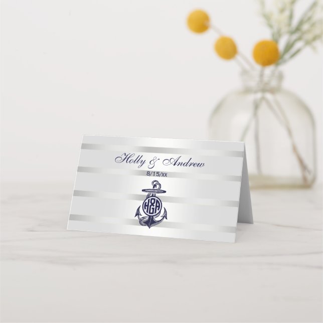 Carte De Placement Ancre Bleue Argent Blanc Marine Vine Monogramme 33 (Devant)