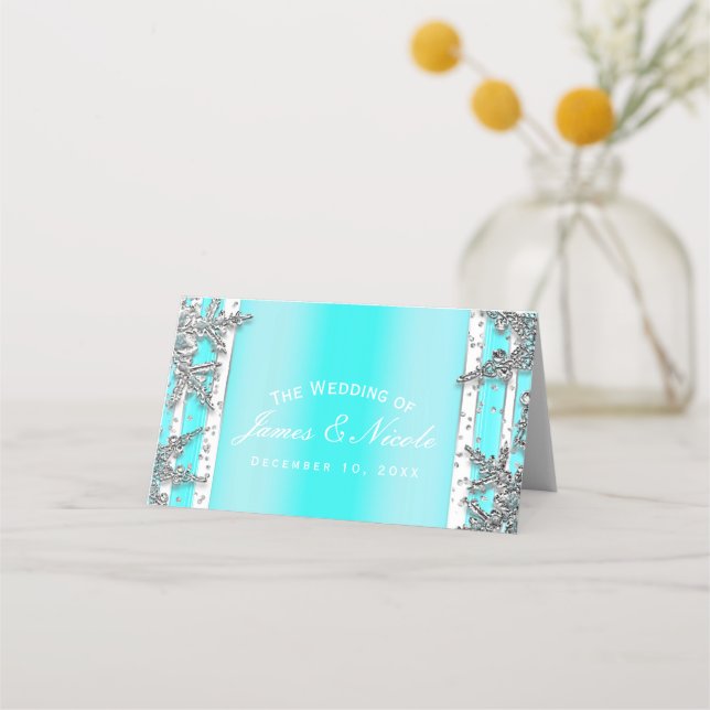 Carte De Placement Aqua Blue & Silver Winter Snowflakes Party Siège (Devant)