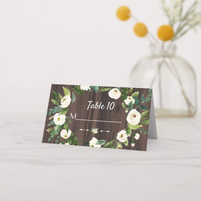 Carte De Placement Aquarelle Blanc Floral Wreath Mariage bois (Dos)
