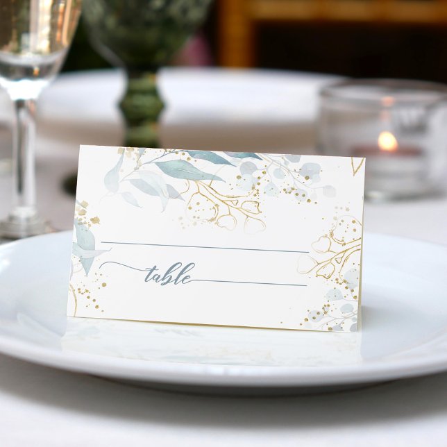 Carte De Placement Aquarelle Bleu Dusty Floral Boho Elégant Mariage (Elegant dusty blue greenery with gold accent makes this the perfect place card for your boho wedding)