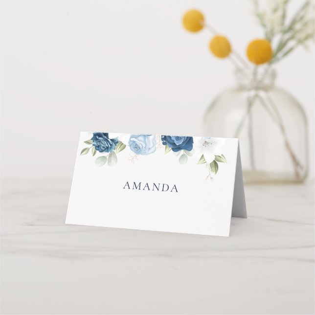 Carte De Placement Aquarelle bleu Dusty Floral Mariage (Devant)