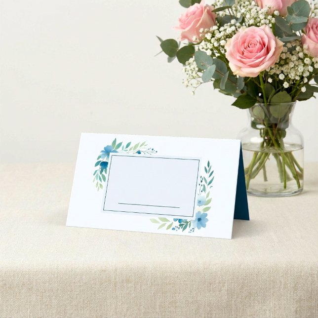 Carte De Placement Aquarelle bleue Nom floral Carte Place (Blue Watercolor Floral Name Place Card.)