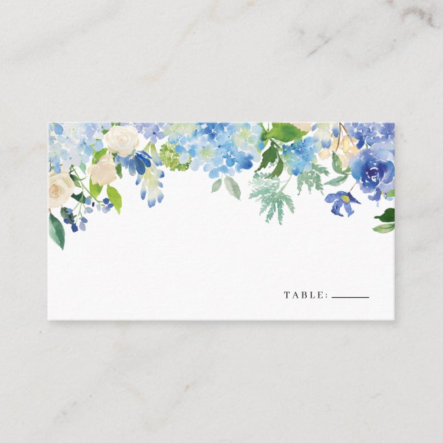Carte De Placement Aquarelle Blue Hydrangea et ivoire Rose Floral (Devant)