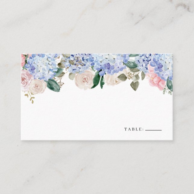 Carte De Placement Aquarelle Blue Hydrangea et rose Roses Floral (Devant)