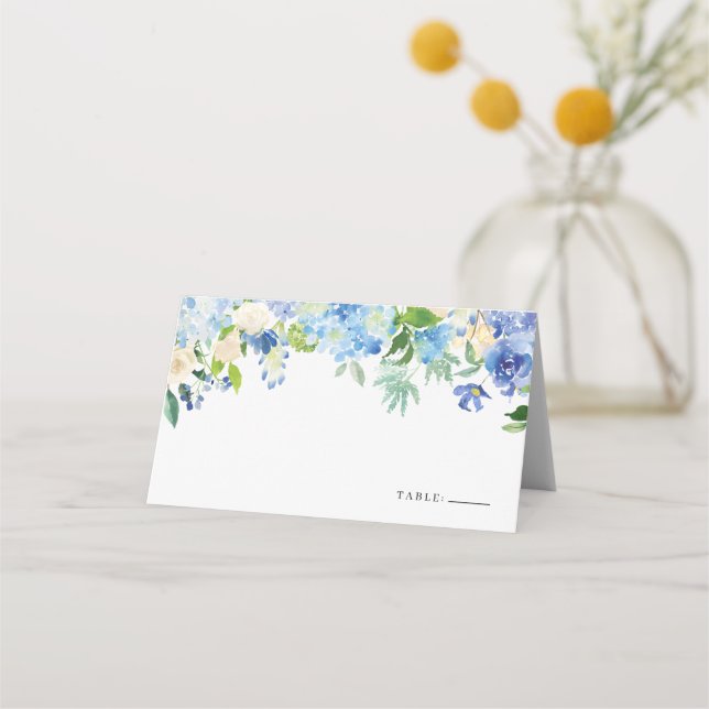 Carte De Placement Aquarelle Blue Hydrangea Floral Garland Mariage (Devant)