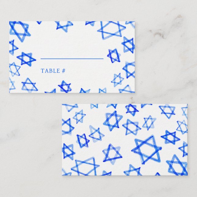 Carte De Placement Aquarelle Blue Star de David Bar Bat mitzvah (Devant / Derrière)