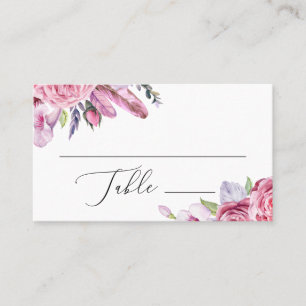 Carte De Placement Aquarelle boho rose fleurs et plumes mariage