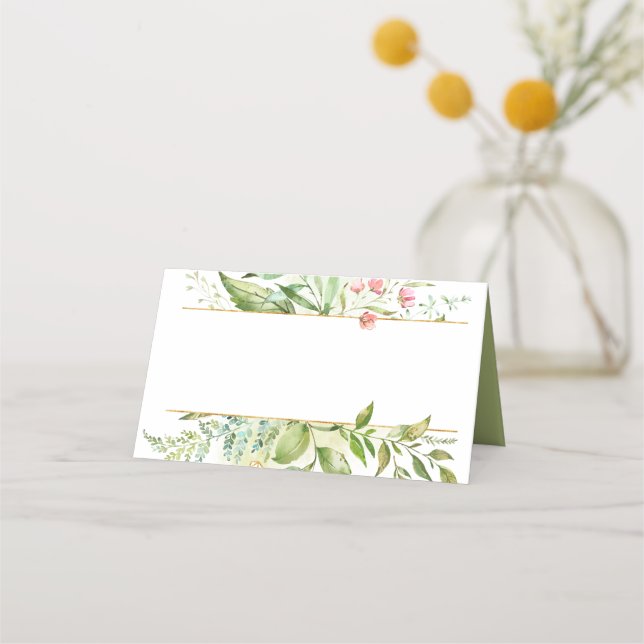 Carte De Placement Aquarelle Botanique Vert Feuille Rose Fleurs | (Devant)