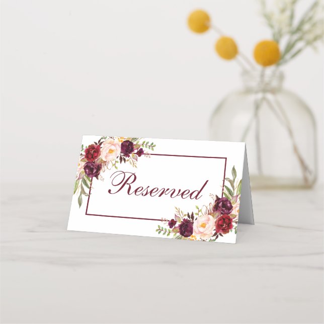 Carte De Placement Aquarelle Bourgogne Floral Mariage Réservé (Devant)