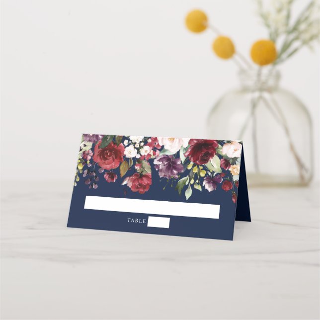 Carte De Placement Aquarelle Bourgogne Vin Blush Floral Navy (Devant)