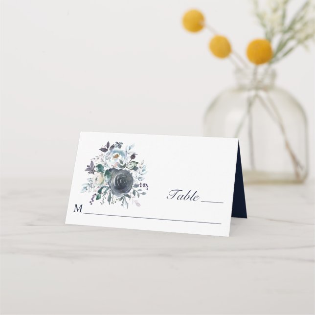 Carte De Placement Aquarelle Dusty Navy Mariage floral bleu (Devant)