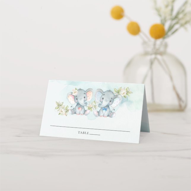 Carte De Placement Aquarelle Elephant Twins Garçon Baby shower fille (Devant)