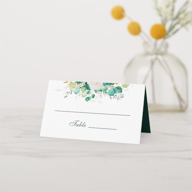 Carte De Placement Aquarelle Emeraude Vert Eucalyptus Roses blanches (Devant)