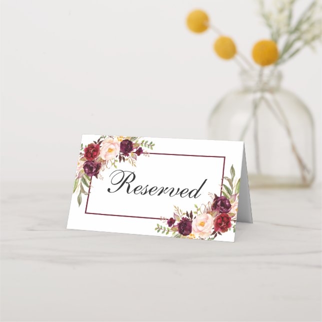 Carte De Placement Aquarelle Floral Bourgogne Mariage Réservé (Dos)