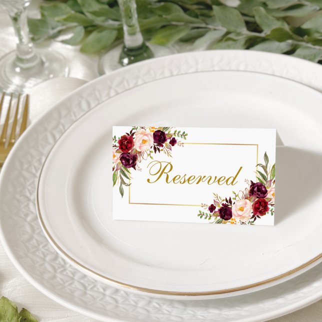 Carte De Placement Aquarelle Floral Bourgogne Or Mariage Réservé (Customize to change text color, style or to add more text to front, back or inside of card.)