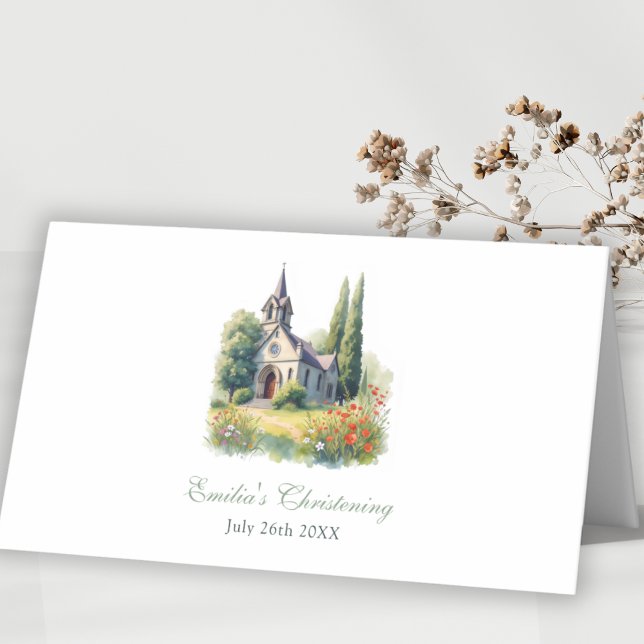 Carte De Placement Aquarelle FLoral Church Baptême Christening (Watercolor FLoral Church Baptism Christening Place Card)