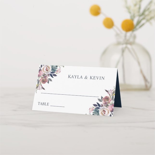 Carte De Placement Aquarelle Floral Dusty Rose Mauve Blue Place Car (Devant)