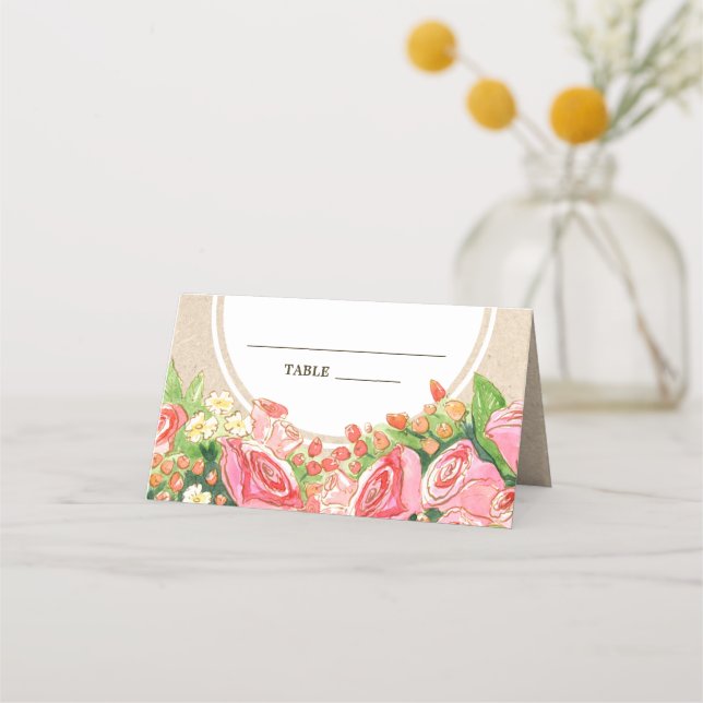 Carte De Placement Aquarelle Floral Rustique Mariage Table Place Cart (Devant)