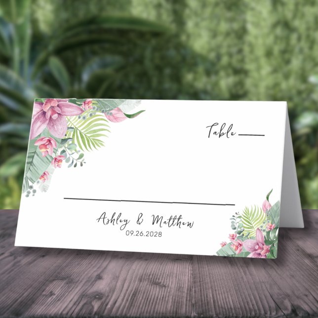 Carte De Placement Aquarelle florale Mariage tropical (Elegant Palm Floral Watercolor Tropical Wedding Place Card)