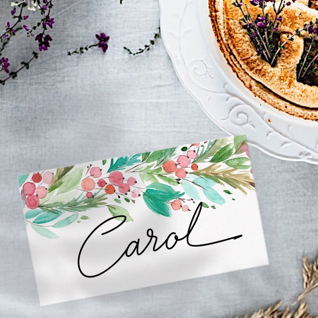 Carte De Placement Aquarelle Holly Berry Foliage | Vacances (Créateur téléchargé)