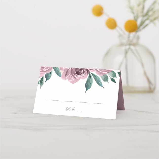 Carte De Placement Aquarelle Mauve Rose Mariage floral plié (Devant)