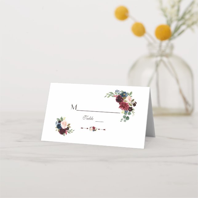 Carte De Placement Aquarelle Merlot Marine bleu Floral Numéro de tabl (Devant)
