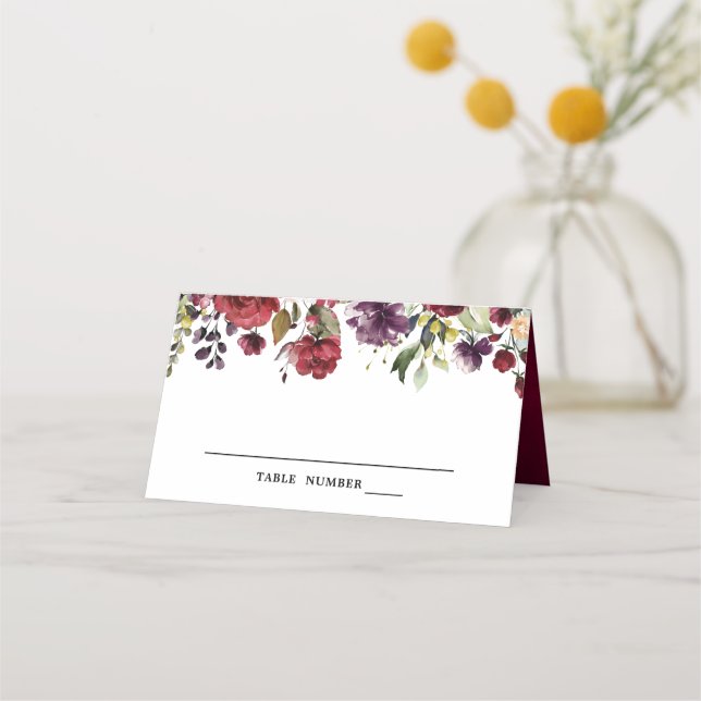 Carte De Placement Aquarelle romantique Bourgogne Rouge Blush Rose Fl (Dos)