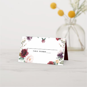 Carte De Placement Aquarelle romantique Bourgogne Rouge Blush Rose Fl